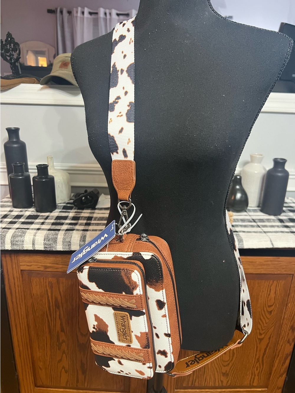 Wrangler Faux Leather Accent Cow Print Crossbody - Brown & White